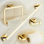 Conjunto de 4 piezas de herrajes para baño en latón dorado Decorbites™: Barra de toallas, Anillo para toallas, Soporte para papel higiénico, Gancho para batas