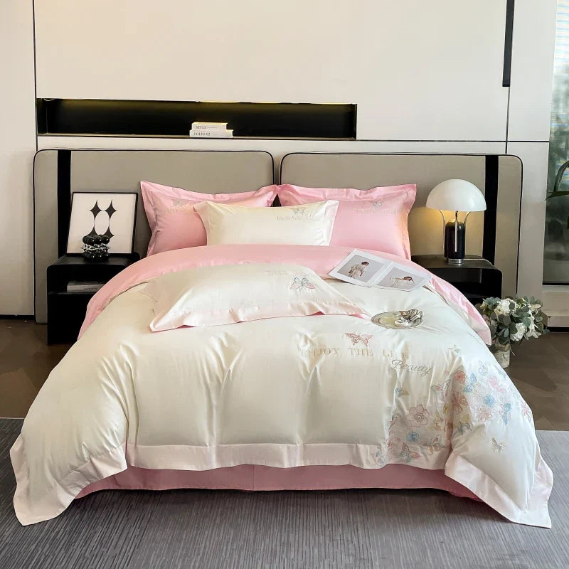 Decobites Luxury Butterfly Flowers Embroidery White/Pink Bedding Set