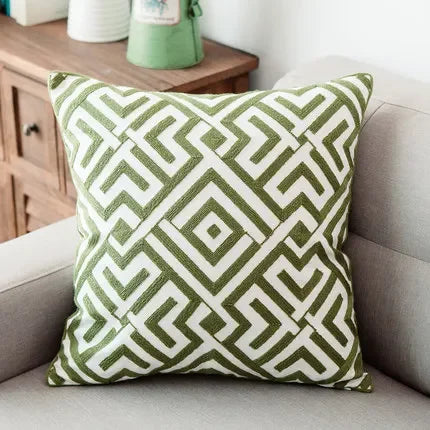 DecorBites™ Green Geometric Canvas Cotton Embroidered Cushion Cover 45x45cm