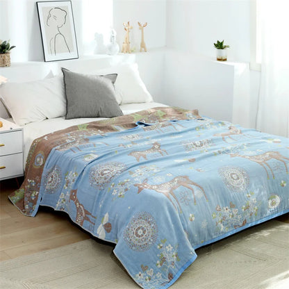 DecorBites™ Boho Printed Cotton Blanket - Green Muslin Large Soft Bed Throw Cover