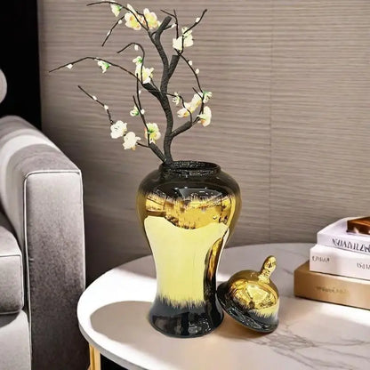 جرة زنجبيل مُدرّجة باللون الأسود الذهبي من DecorBites™: جرة كش ملك خزفية، إكسسوارات ديكور منزلي