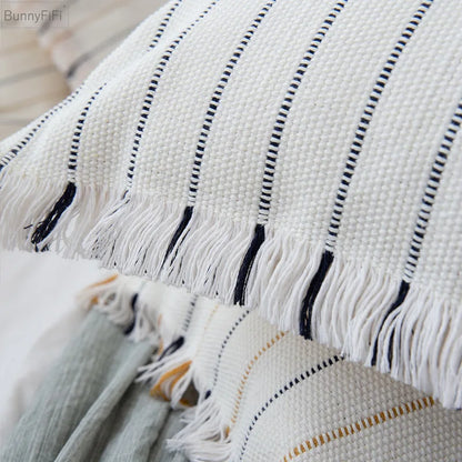 DecorBites™ Handmade Cotton Woven Cushion Tassels - Ivory Black Yellow Stripe Home Decor