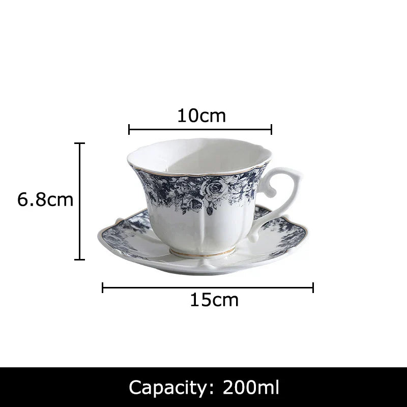 DecorBites™ Grey Blue Rose Ceramic Cup & Saucer Set, Classical Mugs for Dining Table and Coffee Mug
