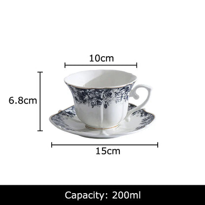 DecorBites™ Grey Blue Rose Ceramic Cup & Saucer Set, Classical Mugs for Dining Table and Coffee Mug