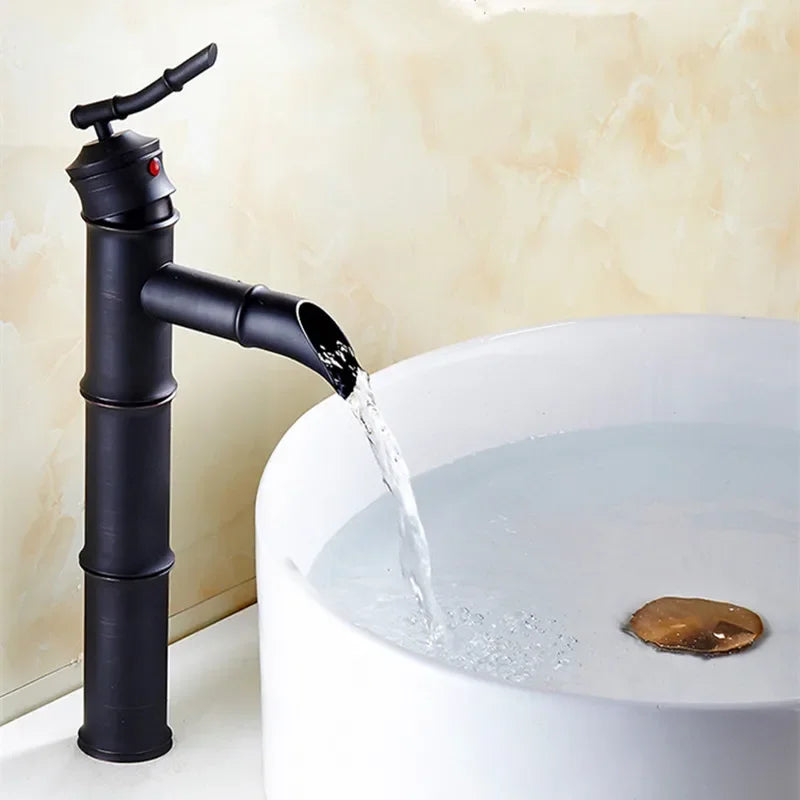 DecorBites™ Black Bronze Waterfall Faucet Bamboo Bathroom Sink Tap High Arch Mixer