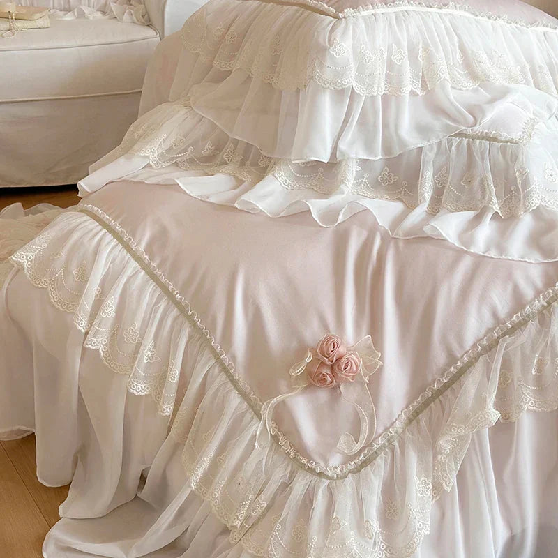 Decobites Luxe Pink Lace Ruffles Wedding Bedding Set 4Pcs