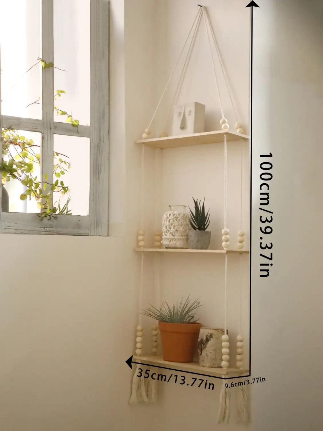 DecorBites™ Rustic Wooden Wall Shelf with Hanging Plant Storage