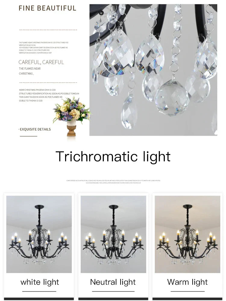 ثريا كريستال من الحديد المطاوع باللون الأسود من DecorBites™ لغرفة المعيشة وغرفة الطعام - تجمع بين الأناقة والرقي