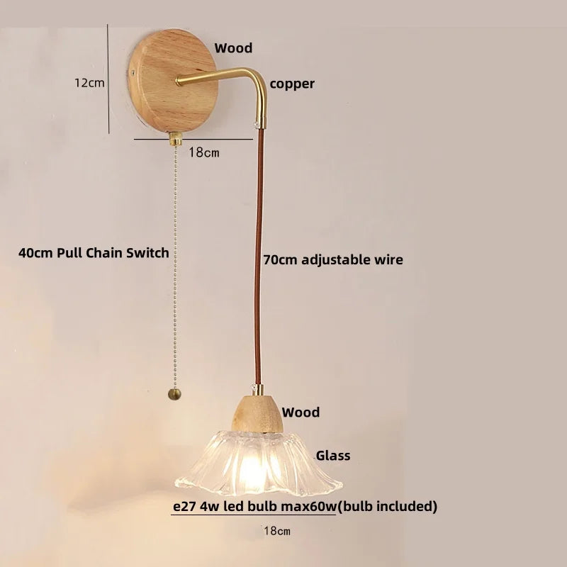 DecorBites™ Clear Glass LED Wall Lights with Wood Pull Chain Switch - Modern Copper Stair Light