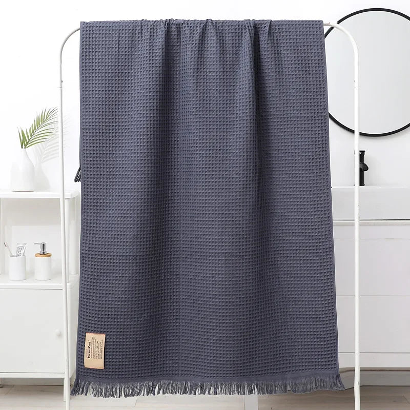 DecorBites™ Geometric Tassel Bath Towel - 100% Cotton, Quick-Dry, Multi-colored Waffle Design - 90x180cm
