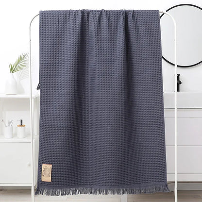 DecorBites™ Geometric Tassel Bath Towel - 100% Cotton, Quick-Dry, Multi-colored Waffle Design - 90x180cm