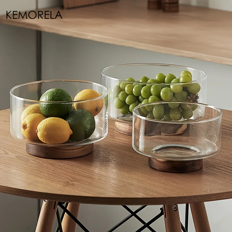 Frutero de vidrio creativo DecorBites™ con base de madera: ensaladera grande para aperitivos, palomitas de maíz, frutos secos y más.