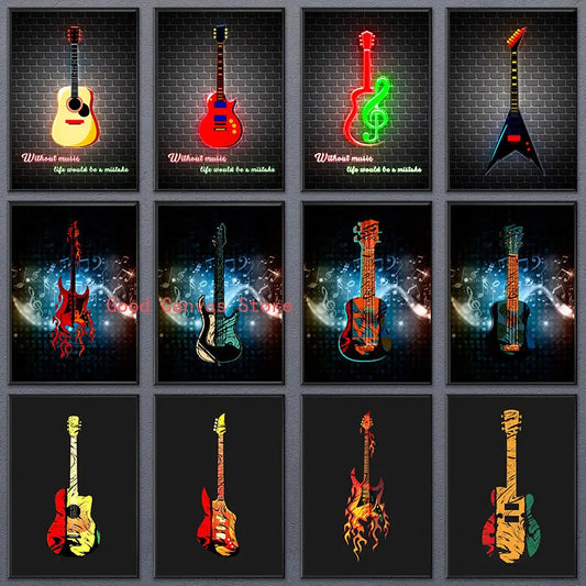 Lienzo impreso con guitarra eléctrica abstracta - Arte mural musical de DecorBites™