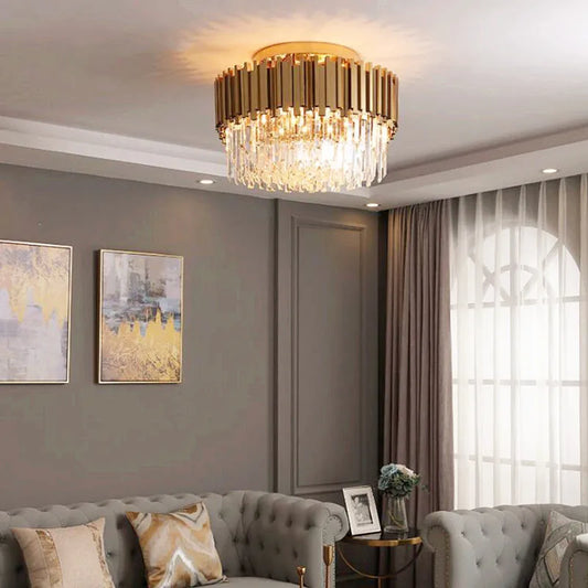 DecorBites™ Gold Crystal Ceiling Lamp: Modern LED Lighting Fixtures for Luxurious Living Rooms.