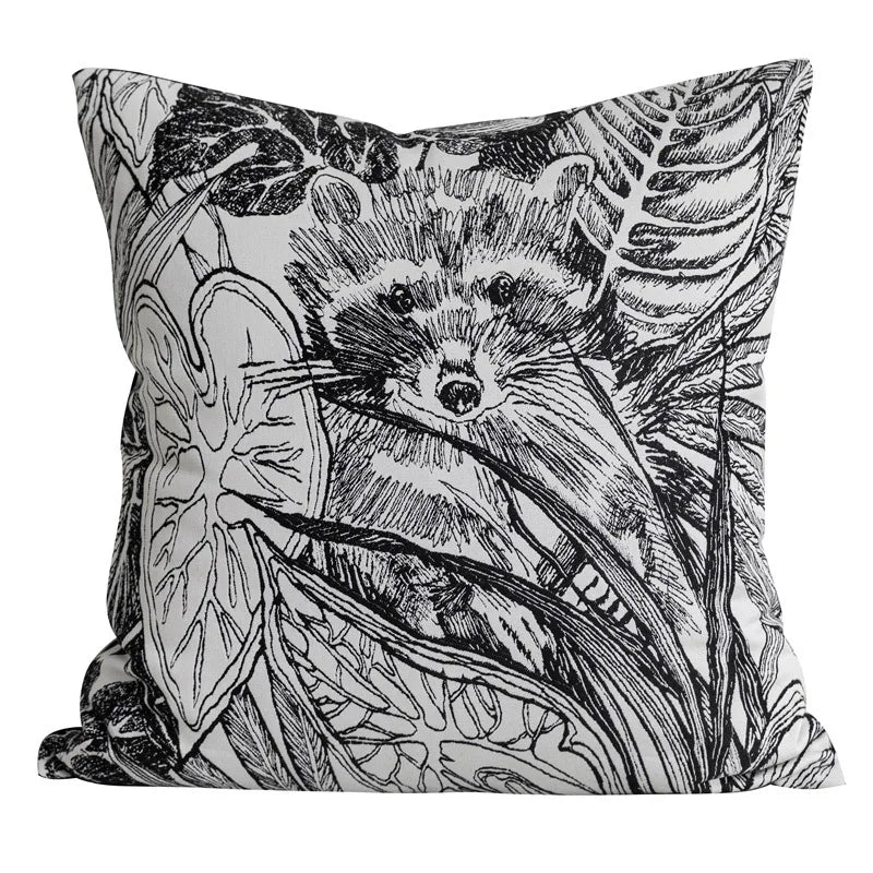 DecorBites™ Jungle Plant Raccoon Embroidered Throw Pillow Cover for Couch Sofa Bed