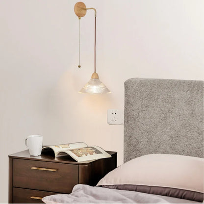 DecorBites™ Clear Glass LED Wall Lights with Wood Pull Chain Switch, Modern Art Bedside Lamp