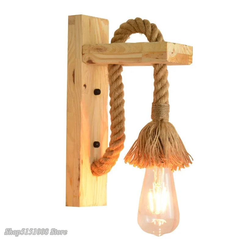 DecorBites™ Hemp Rope Wall Lamp Wood Sconce E27 Industrial Indoor Outdoor Light