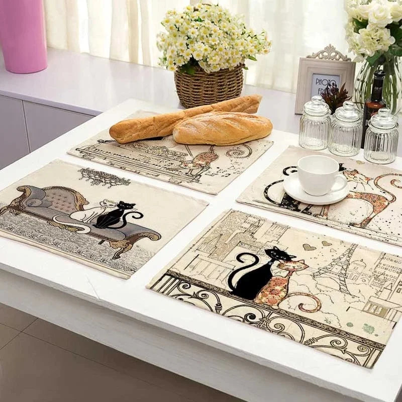 DecorBites™ Black Cat Linen Placemat Set for Dining Table & Kitchen Decor