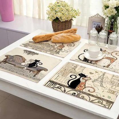 DecorBites™ Black Cat Linen Placemat Set for Dining Table & Kitchen Decor