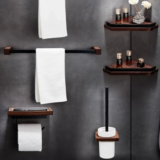 DecorBites™ Black Walnut Bathroom Set: Towel Rack, Bar, Shelf, Toilet Paper Holder, Brush Stand
