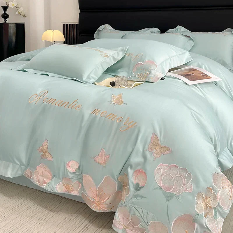 Decobites Embroidered Flowers Butterfly Bedding Set - 4Pcs