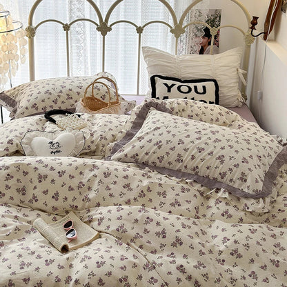 DecorBites™ French Floral Print Double Layer Lace Ruffles Bedding Set