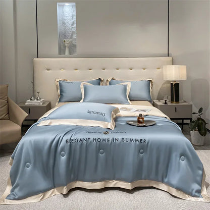 Decobites Ice Silk Embroidered Quilt Set: Luxury European Style, Cooling Comforter