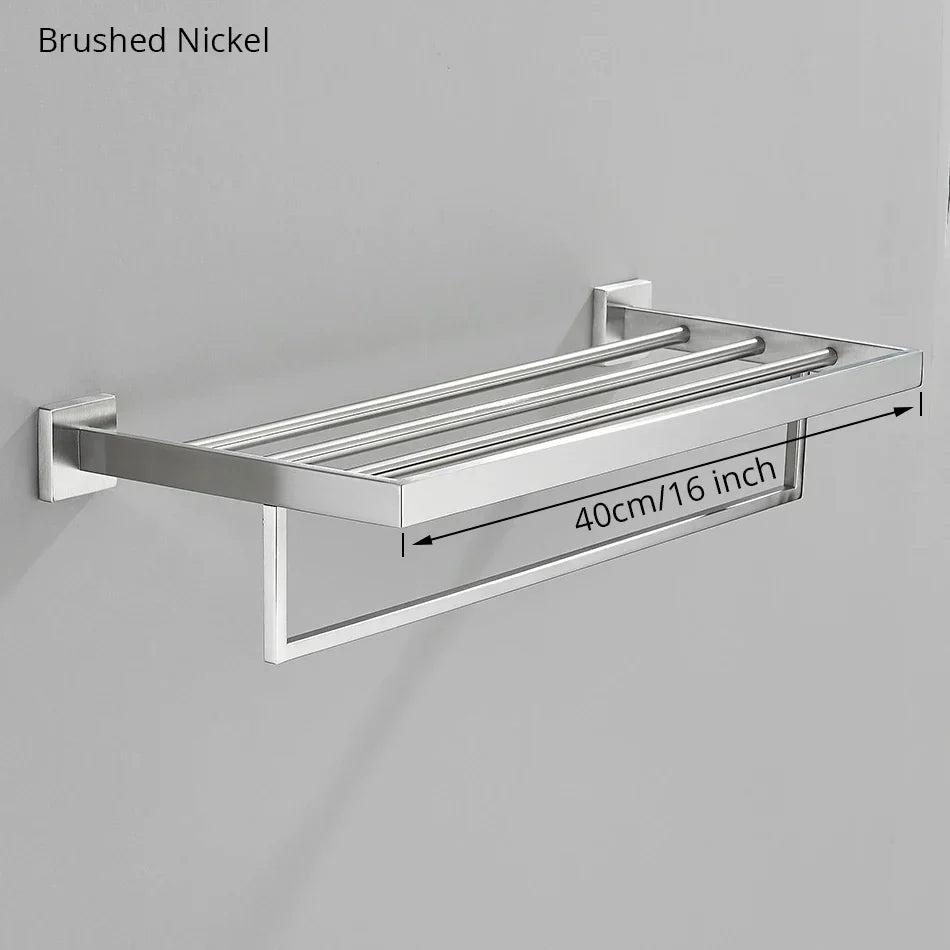 مجموعة أدوات الحمام من DecorBites™ المصنوعة من النيكل المصقول: خطاف رداء، سكة مناشف، رف بار، رف، حامل مناديل