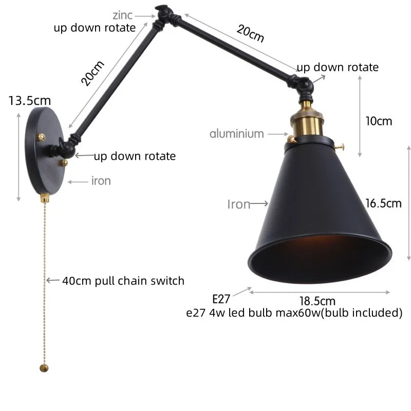Lámpara de pared de brazo largo LED Decorbites™ con interruptor de cadena de tiro para hogar, hotel y baño