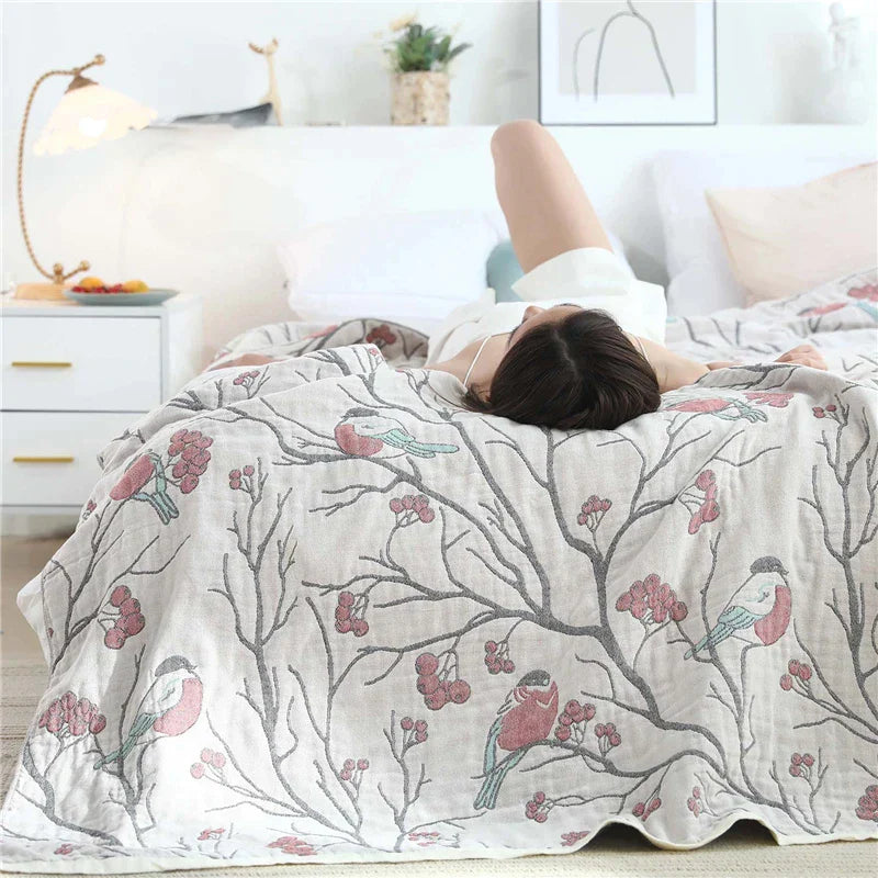 DecorBites™ Japanese Cotton Single Bedspread with Pillow Towel - Floral Birds Design