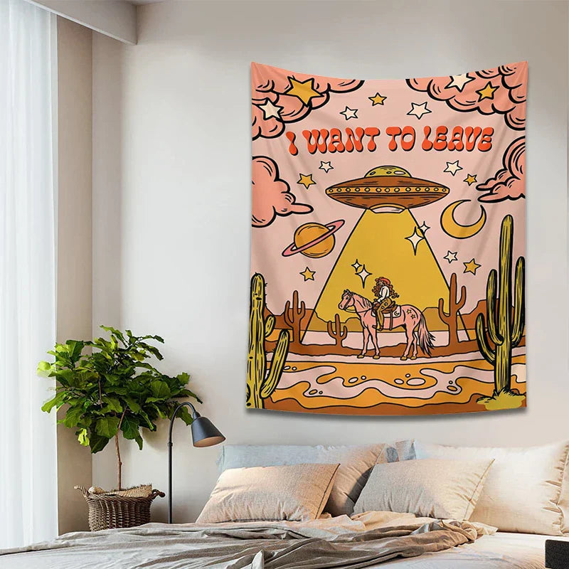 Decobites Space Planet Cactus Moon Wall Tapestry - Boho Hippie Room Decor