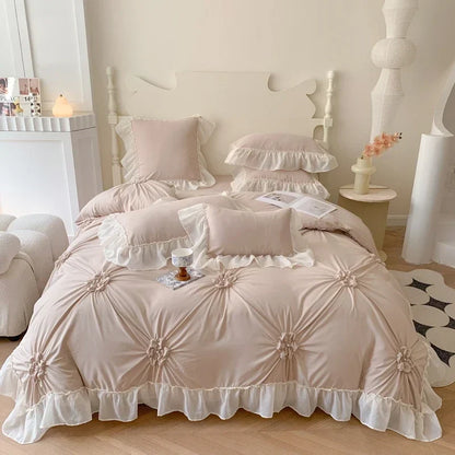 Decobites Lace Princess Bedding Set: Romantic Ruffles & Bow Duvet Cover, Sheet, Pillowcases