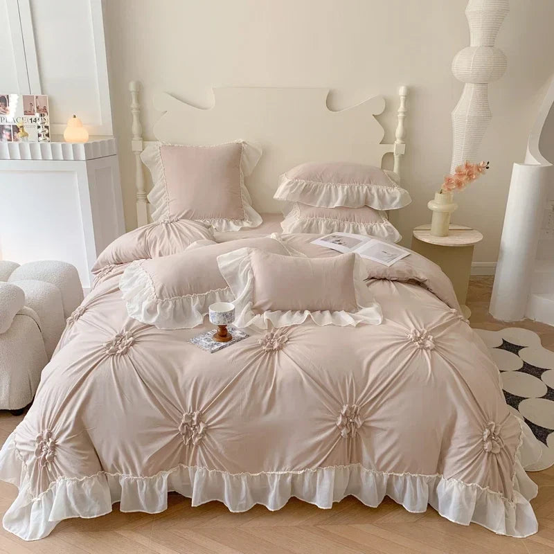 DecorBites™ Lace Princess Bedding Set: Romantic Ruffles & Bow Duvet Cover, Sheet, Pillowcases