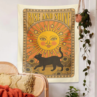 Sun Cat Tarot Tapestry by Decobites: Vintage Boho Wall Art for Witchcraft and Hippie Decor