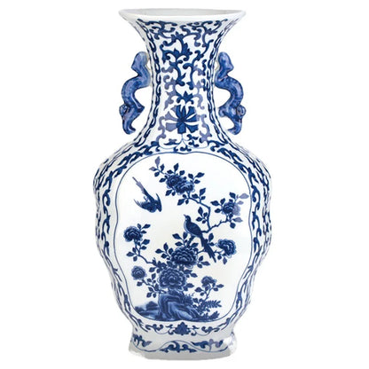 DecorBites™ Blue White Porcelain Flower Bird Two Ear Vase Antique Ornaments Jingdezhen