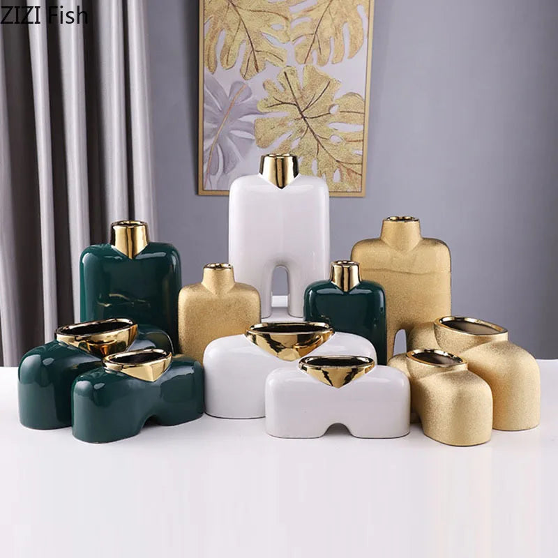 DecorBites™ Gold Ceramic Vase Desk Decor Artificial Flower Arrangement Aesthetic Room Vase