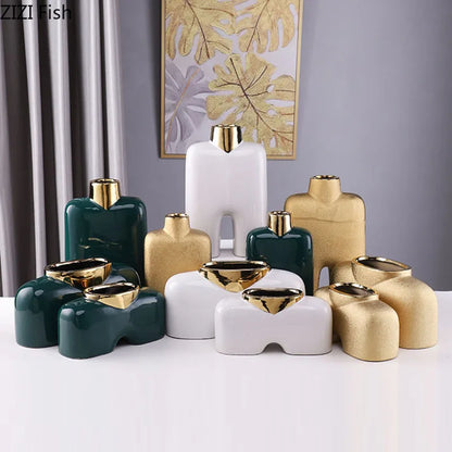 DecorBites™ Gold Ceramic Vase Desk Decor Artificial Flower Arrangement Aesthetic Room Vase