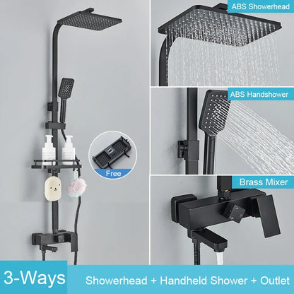 DecorBites™ Black Brass Shower Faucet Set Rainfall Bathtub Tap With Bathroom Shelf