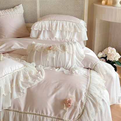 Decobites Luxe Pink Lace Ruffles Wedding Bedding Set 4Pcs