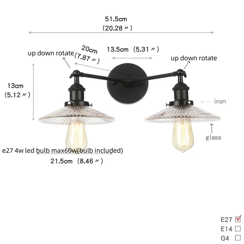 DecorBites™ Industrial LED Wall Light Fixture with Glass Pull Chain Switch - 2 Heads