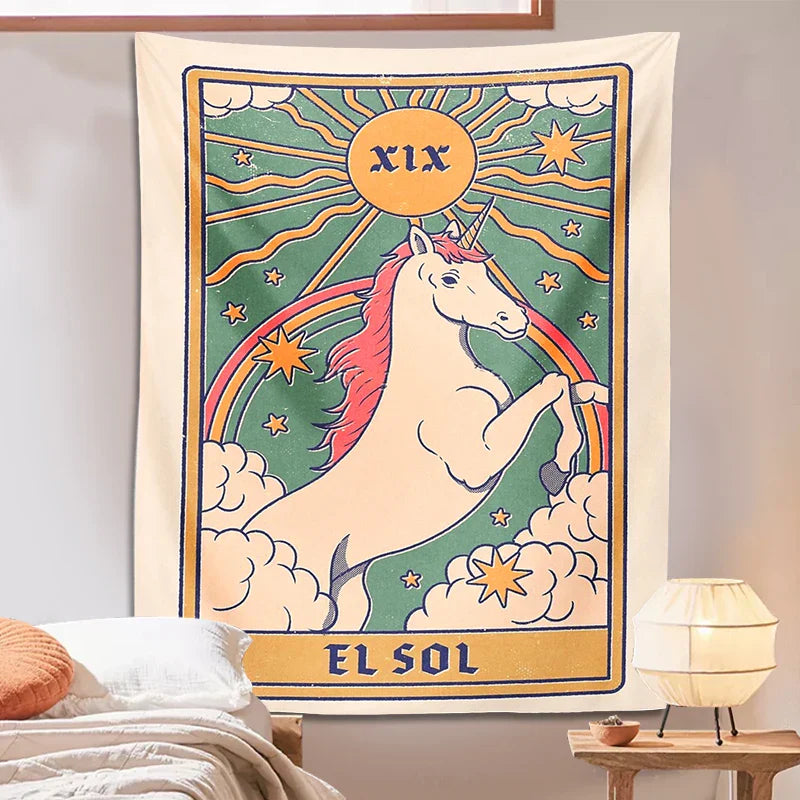 Unicorn Tarot Tapestry by Decobites: Rainbow Bohemian Wall Decor for Home and Dorm Room