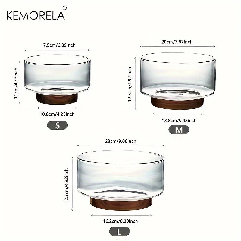 Frutero de vidrio creativo DecorBites™ con base de madera: ensaladera grande para aperitivos, palomitas de maíz, frutos secos y más.