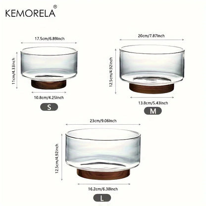 Frutero de vidrio creativo DecorBites™ con base de madera: ensaladera grande para aperitivos, palomitas de maíz, frutos secos y más.