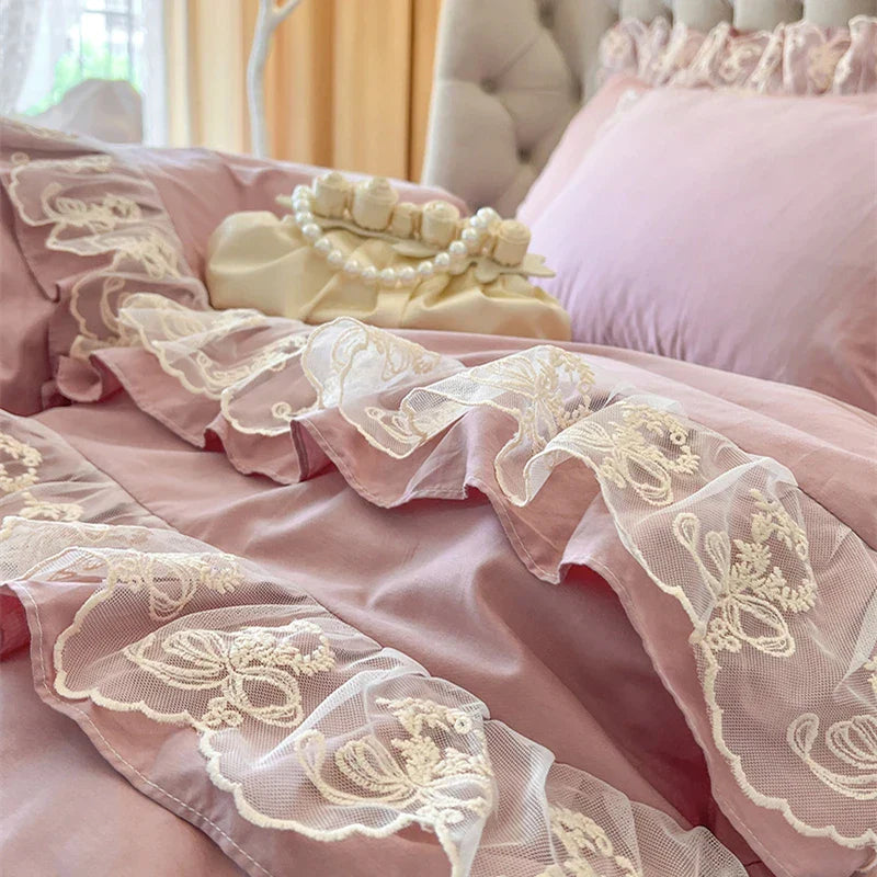 Decobites Korean Princess Lace Ruffles Bedding Set in Bean Paste Pink