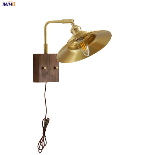 DecorBites™ LED Wall Light Walnut Wood Rotate Copper Bedside Lamp