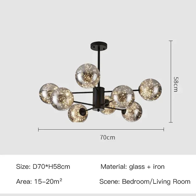 DecorBites™ Black Glass Ball LED Chandelier for Living Room, Bedroom - Dimmable Nordic Luxury Fixture