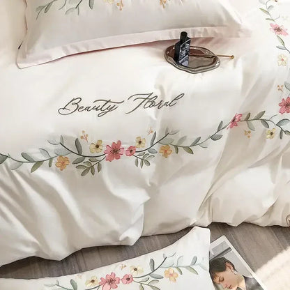 Decobites Flower Embroidery Cotton Duvet Cover Set, Queen/King Size Bedding Set with Sheets