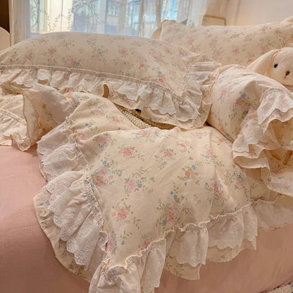 Decobites Floral Lace Ruffles Bedding Set in 100% Cotton, Korean Style, Single/Queen/King Size