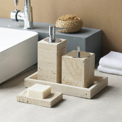 DecorBites™ Beige Travertine Marble Bathroom Accessories Set - Soap Dispenser, Soap Dish, Reed Diffuser