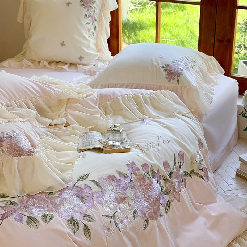 Decobites Flowers Lace Ruffles Wedding Bedding Set 1000TC Egyptian Cotton Duvet Cover Set